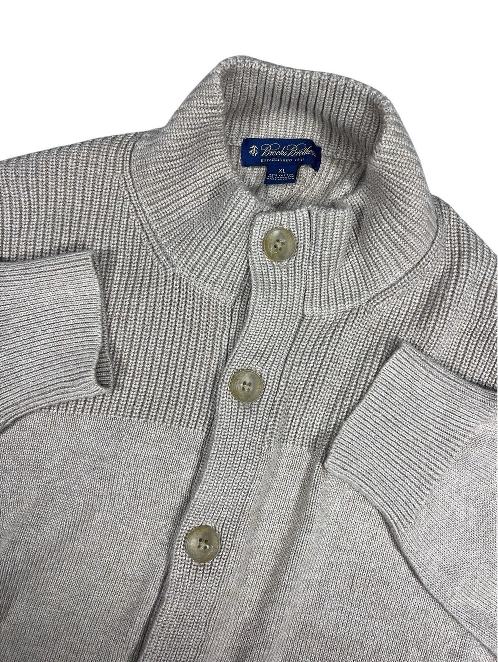 Brooks Brothers Cardigan Sweater Mens XL Beige Knit Cotton Cashmere elbow patch